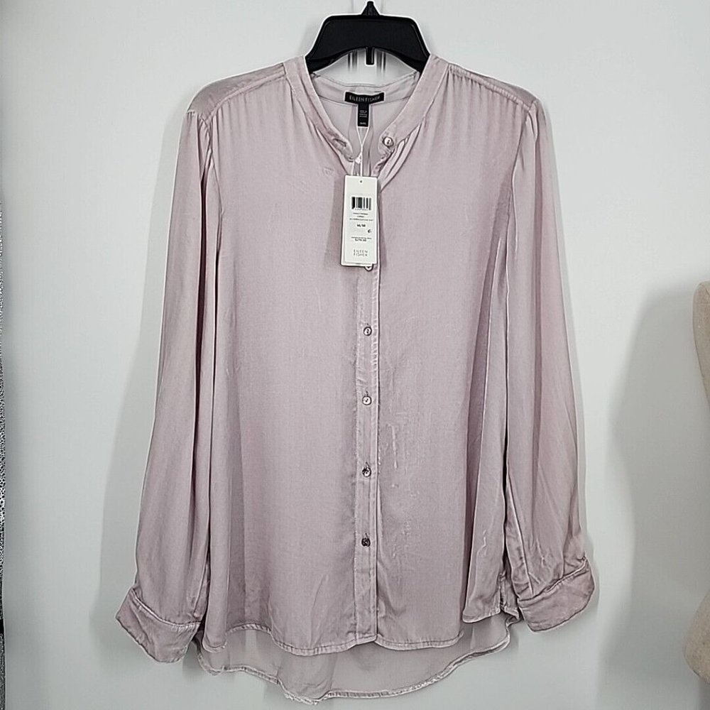 NEW EILEEN FISHER Ceramic Size M Mandarin Collar Velvet Shirt Top silk blend